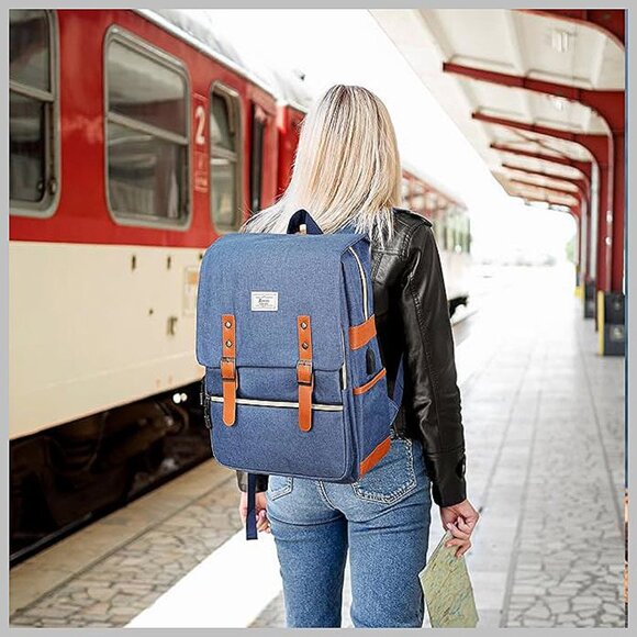 Vintage Laptop Backpack for Women Men,15.6 inch Bookbag Blue - Picture 6 of 6